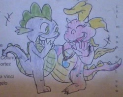 Size: 462x364 | Tagged: safe, artist:skatergirl747, spike, dragon, g4, baby, baby dragon, cassie (dragon tales), conjoined, crossover, dragon tales, dragoness, female, male, traditional art, wat, wingless spike