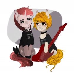 Size: 1531x1504 | Tagged: safe, oc, oc only, oc:fragile string (scarlet rebel), earth pony, pony, unicorn, clothes, collar, guitar, makeup, musical instrument, punk, stockings, thigh highs