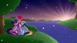 Size: 1920x1080 | Tagged: safe, artist:sparkie45, artist:twipiedash, pinkie pie, rainbow dash, twilight sparkle, alicorn, pony, g4, hug, river, sunrise, tree, twilight sparkle (alicorn)