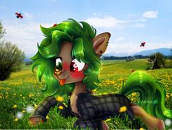 Size: 1450x1100 | Tagged: safe, artist:meqiopeach, oc, oc only, oc:ame, earth pony, insect, ladybug, pony, birthday gift, blushing, clothes, commission, digital art, ear piercing, earring, earth pony oc, full body, grass, happy, heterochromia, insect on nose, jewelry, lying down, nature, piercing, realistic, shirt, sky, solo, tongue out, ych example, ych result