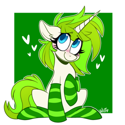 Size: 2048x2048 | Tagged: safe, artist:wutanimations, oc, oc only, oc:vinyl mix, pony, unicorn, blushing, clothes, female, heart, high res, mare, simple background, sitting, smiling, socks, solo, stockings, striped socks, thigh highs