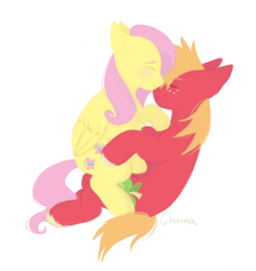Size: 676x716 | Tagged: safe, artist:chumacha, big macintosh, fluttershy, earth pony, pegasus, pony, g4, cuddling, eyes closed, female, lineless, male, missing accessory, ship:fluttermac, shipping, simple background, straight, white background