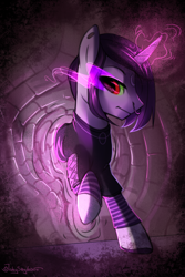 Size: 2000x3000 | Tagged: safe, artist:jedayskayvoker, oc, oc only, pony, unicorn, clothes, glowing horn, high res, horn, male, nose piercing, piercing, raised hoof, solo, sombra eyes, wall