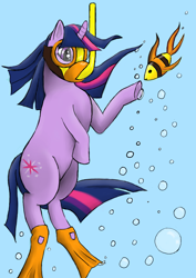 Size: 1654x2339 | Tagged: safe, anonymous artist, twilight sparkle, fish, pony, unicorn, g4, 4chan, bubble, colored, cute, drawthread, female, flippers (gear), mare, requested art, snorkel, snorkeling, solo, swimming, underwater, unicorn twilight