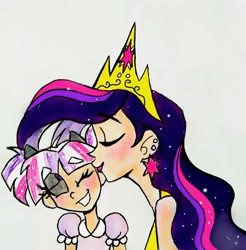 Size: 2194x2227 | Tagged: safe, artist:citi, twilight sparkle, oc, oc:tiara, alicorn, human, g4, the last problem, crown, female, high res, horn, horned humanization, horns, human princess twilight, humanized, interspecies offspring, jewelry, mother and child, mother and daughter, next generation, offspring, older, older twilight, older twilight sparkle (alicorn), parent:lord tirek, parent:twilight sparkle, parents:twirek, princess twilight 2.0, regalia, twilight sparkle (alicorn)