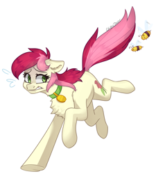 Size: 2466x2742 | Tagged: safe, artist:chibadeer, roseluck, bee, insect, pony, g4, chest fluff, collar, commissioner:doom9454, cute, female, high res, pet tag, pony pet, rosepet, running, scary, simple background, solo, white background