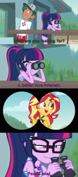 Size: 1280x2880 | Tagged: safe, edit, edited screencap, screencap, sci-twi, sunset shimmer, timber spruce, twilight sparkle, equestria girls, g4, my little pony equestria girls: better together, unsolved selfie mysteries, bikini, binoculars, cap, caption, clothes, female, geode of empathy, geode of telekinesis, glasses, hat, lesbian, lifeguard timber, magical geodes, male, ponytail, ship:sci-twishimmer, ship:sunsetsparkle, shipping, shipping fuel, swimsuit, text, timberbuse