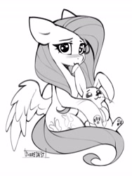 Size: 3084x4096 | Tagged: safe, artist:share dast, angel bunny, fluttershy, pegasus, pony, rabbit, g4, animal, blushing, cute, female, grayscale, high res, looking at you, male, mare, monochrome, nom, shyabetes, simple background, sitting, solo, white background
