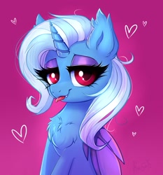 Size: 1563x1679 | Tagged: safe, artist:confetticakez, trixie, alicorn, bat pony, bat pony alicorn, pony, g4, alicornified, bat ponified, bat wings, bedroom eyes, chest fluff, cute, cute little fangs, diatrixes, ear fluff, eyeshadow, fangs, female, heart, horn, looking at you, makeup, pink background, race swap, red eyes, simple background, solo, tongue out, trixiebat, trixiecorn, wings