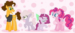 Size: 1212x536 | Tagged: safe, artist:bittersweethare, artist:selenaede, cheese sandwich, pinkie pie, oc, oc:little berry, oc:sugar cube, earth pony, pony, unicorn, g4, alternate hairstyle, base used, clothes, female, filly, grin, male, mare, markings, offspring, open mouth, parent:cheese sandwich, parent:pinkie pie, parents:cheesepie, raised hoof, ship:cheesepie, shipping, shirt, smiling, stallion, straight