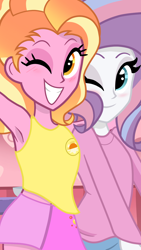 Size: 1080x1920 | Tagged: safe, artist:sallyso, luster dawn, potion nova, equestria girls, g4, alternate hairstyle, armpits, blushing, clothes, equestria girls-ified, eyeshadow, female, grin, hug, jeans, lesbian, lusternova, makeup, one eye closed, pants, shipping, skirt, smiling, sweater, tank top, wink