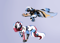 Size: 2200x1600 | Tagged: safe, artist:kookiebeatz, oc, oc only, oc:crypto crush, oc:cyber snipe, cyborg, earth pony, pegasus, pony, cyber-questria, amputee, artificial wings, augmented, bandana, belt, boots, brother and sister, choker, clothes, commission, female, freckles, goggles, gun, handgun, headphones, headset, jacket, male, mare, markings, multicolored hair, pistol, prosthetic leg, prosthetic limb, prosthetic wing, prosthetics, shoes, shorts, siblings, spiked choker, stallion, wings