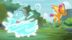 Size: 8000x4500 | Tagged: safe, artist:metalhead97, ocellus, smolder, changedling, changeling, dragon, g4, butt, calling, collar, commission, dragoness, eyes closed, female, femsub, grin, imminent sex, kinky, lesbian, lidded eyes, lip bite, looking at each other, paws, raised hoof, shapeshifting, ship:smolcellus, shipping, show accurate, smiling, submissive, surprised, sweet feather sanctuary, this will end in snu snu, transformation