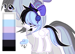 Size: 1578x1131 | Tagged: safe, alternate version, artist:picasu, oc, oc only, oc:dazzling drizzle, pegasus, pony, cyber-questria, bow, female, hair bow, headphones, headset, mare, reference sheet, solo, spy, zoom layer