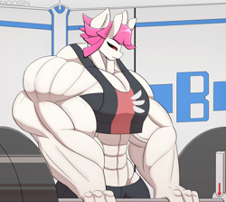Size: 3139x2800 | Tagged: safe, artist:mopyr, oc, oc only, oc:fort, original species, anthro, abs, barbell, black sclera, female, high res, horn, lifting, muscles, overdeveloped muscles, solo, weights, workout outfit