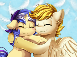 Size: 2379x1783 | Tagged: safe, artist:pridark, oc, oc only, pony, unicorn, commission, eyes closed, high res, hug, smiling, underhoof, wings
