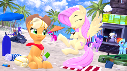 Size: 3840x2160 | Tagged: safe, artist:owlpirate, applejack, derpy hooves, fluttershy, pinkie pie, rainbow dash, rarity, twilight sparkle, alicorn, earth pony, pegasus, pony, unicorn, g4, 3d, beach, beach towel, bucket, cute, female, food, hat, high res, ice cream, inflatable, inflatable toy, mane six, mare, palm tree, pool toy, popsicle, shyabetes, source filmmaker, surfboard, tongue out, tree, twilight sparkle (alicorn), umbrella