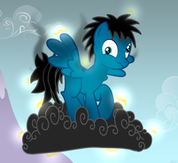 Size: 7200x6600 | Tagged: safe, artist:agkandphotomaker2000, oc, oc:pony video maker, pegasus, pony, burn, burned, cloud, dark cloud, dizzy, electrified, messy mane, messy tail, mountain, pegasus problems, show accurate, simple background, smoke, solo, stormcloud