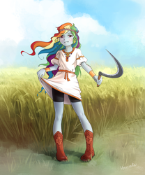 Size: 998x1200 | Tagged: safe, artist:vyazinrei, rainbow dash, equestria girls, alternate hairstyle, blue skin, boots, bracelet, clothes, cloud, compression shorts, dress, dress lift, ear piercing, earring, female, food, grass, happy, jewelry, may day, multicolored hair, outdoors, pagan, piercing, pink eyes, rainbow dash always dresses in style, rainbow hair, rodnovery, sexy, shiny skin, shoes, shorts, sickle, signature, slavic, smiling, solo, tomboy, watermark, wheat