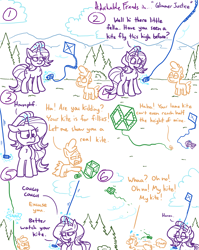 Size: 4779x6013 | Tagged: safe, artist:adorkabletwilightandfriends, starlight glimmer, oc, oc:johnny, earth pony, pony, unicorn, comic:adorkable twilight and friends, g4, above, adorkable, adorkable friends, bitchlight glimmer, cocky, colt, comic, cute, dork, female, glowing horn, horn, humor, jerk, justice, kindness, kite, levitation, magic, magic aura, male, mean, nature, outdoors, perspective, slice of life, telekinesis, wind