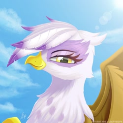 Size: 1280x1280 | Tagged: safe, artist:pyropk, gilda, griffon, g4, bust, feather, female, looking at you, portrait, sky, solo, wings