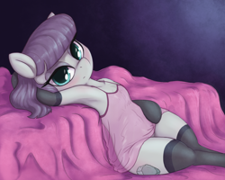 Size: 2500x2000 | Tagged: safe, artist:t72b, maud pie, earth pony, pony, semi-anthro, g4, arm behind head, armpits, bed, bedroom eyes, belly, clothes, dress, eyeshadow, female, gloves, high res, long gloves, looking at you, lying down, makeup, mare, on back, pose, seductive pose, see-through, sitting, skirt, skirt lift, solo, stockings, thigh highs