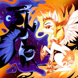 Size: 1300x1300 | Tagged: safe, artist:candy0s, daybreaker, nightmare moon, alicorn, pony, a royal problem, constellation, duo, ethereal mane, female, mane of fire, mare, sitting, spread wings, starry mane, upside down, wings