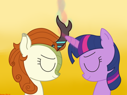 Size: 4032x3016 | Tagged: safe, artist:rainbowšpekgs, autumn blaze, twilight sparkle, kirin, pony, unicorn, g4, bust, commission, duo, eyes closed, female, horn, horns are touching, magic, request, simple background, smiling