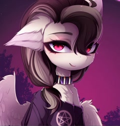Size: 926x969 | Tagged: safe, artist:magnaluna, oc, oc only, oc:indicia, pegasus, pony, clothes, collar, female, hoodie, moon, pentagram, red eyes