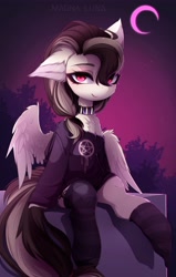 Size: 2612x4096 | Tagged: safe, artist:magnaluna, oc, oc only, oc:indicia, pegasus, chest fluff, clothes, collar, ear fluff, female, goth, hoodie, mare, moon, red eyes, socks, wings
