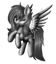 Size: 1280x1459 | Tagged: safe, artist:crystalbay, oc, oc only, oc:crystal bay, pegasus, pony, cute, fluffy, flying, grayscale, light, lineless, monochrome, one eye closed, pose, practice, shiny, simple background, solo, tongue out, transparent background, wink