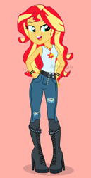 Size: 1800x3500 | Tagged: safe, artist:artmlpk, sunset shimmer, equestria girls, adorable face, adorasexy, adorkable, beautiful, belt, boots, clothes, cute, denim, digital art, dork, female, geode of empathy, hand on hip, high heel boots, high heels, jeans, lidded eyes, looking over shoulder, magical geodes, obtrusive watermark, open mouth, pants, ripped jeans, sexy, shimmerbetes, shoes, show accurate, sleeveless, smiling, solo, spiked wristband, tanktop, watermark, wristband