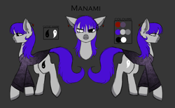 Size: 2583x1590 | Tagged: safe, artist:vaiola, oc, oc only, oc:manami, earth pony, pony, clothes, cutie mark, ear piercing, earring, female, haori, heterochromia, jewelry, long mane, long tail, mare, piercing, reference sheet, simple background, solo