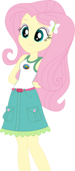 Size: 1938x4395 | Tagged: safe, artist:marcorulezzz, fluttershy, equestria girls, g4, my little pony equestria girls: legend of everfree, arm behind back, camp everfree outfits, clothes, eyeshadow, female, hands behind back, high res, makeup, simple background, sleeveless, smiling, solo, tank top, transparent background, vector