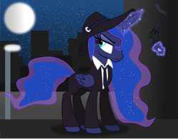 Size: 6234x4855 | Tagged: safe, artist:anime-equestria, princess luna, alicorn, pony, g4, absurd resolution, angry, city, clothes, detective, eyeshadow, female, frown, glowing horn, gun, handgun, hat, horn, levitation, lidded eyes, magic, magic aura, makeup, mare, moon, necktie, night, revolver, smoke, solo, street, suit, telekinesis, weapon, wings