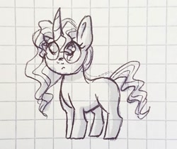 Size: 1080x906 | Tagged: safe, artist:galaxy.in.mind, oc, oc only, oc:crystal dawn, changepony, pony, unicorn, eyelashes, female, filly, frown, graph paper, horn, lineart, looking up, magical lesbian spawn, offspring, parent:princess celestia, parent:queen chrysalis, parents:chryslestia, solo, text, traditional art, unicorn oc