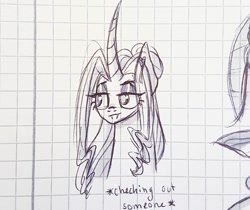 Size: 1080x906 | Tagged: safe, artist:galaxy.in.mind, oc, oc only, oc:crystal dawn, changepony, pony, unicorn, bust, curved horn, eyelashes, female, graph paper, horn, lineart, magical lesbian spawn, makeup, mare, offspring, parent:princess celestia, parent:queen chrysalis, parents:chryslestia, solo, text, traditional art, unicorn oc