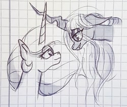 Size: 1080x906 | Tagged: safe, artist:galaxy.in.mind, princess celestia, queen chrysalis, alicorn, changeling, changeling queen, pony, g4, bedroom eyes, bust, female, graph paper, lesbian, makeup, mare, ship:chryslestia, shipping, traditional art