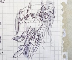 Size: 1080x906 | Tagged: safe, artist:galaxy.in.mind, princess celestia, queen chrysalis, oc, oc:crystal dawn, alicorn, changeling, changeling queen, changepony, pony, unicorn, g4, bust, duckface, eyelashes, female, filly, graph paper, hanging, horn, lesbian, lineart, magical lesbian spawn, mare, offspring, parent:princess celestia, parent:queen chrysalis, parents:chryslestia, ship:chryslestia, shipping, text, traditional art, unicorn oc