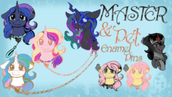 Size: 1200x675 | Tagged: dead source, safe, artist:banoodle, king sombra, princess cadance, princess celestia, princess luna, queen chrysalis, alicorn, changeling, changeling queen, pegasus, pony, unicorn, g4, alternate timeline, animated, bust, collar, female, femdom, femsub, gif, heart eyes, hoof hold, hoof shoes, leash, lipstick, male, mare, master, night maid rarity, nightmare takeover timeline, pin, raised hoof, smiling, stallion, submissive, tongue out, wingding eyes