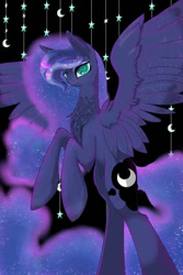 Size: 400x600 | Tagged: dead source, safe, artist:banoodle, princess luna, alicorn, pony, g4, ethereal mane, female, mare, rearing, solo, starry mane