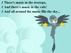 Size: 864x648 | Tagged: safe, edit, edited screencap, editor:korora, screencap, gabby, griffon, filli vanilli, g4, the fault in our cutie marks, cloud, cropped, cute, female, gabbybetes, lyrics, music in the treetops, singing, song reference, text