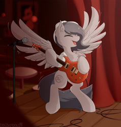 Size: 3600x3789 | Tagged: safe, artist:dogihotdogi, oc, oc only, oc:santanna, pegasus, pony, club, eyes closed, fedora, female, guitar, happy, hat, high res, microphone, musical instrument, short hair, singing, smiling, solo, stage, wings