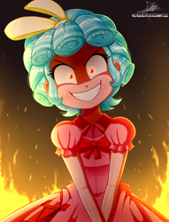 Size: 1220x1600 | Tagged: safe, artist:the-butch-x, cozy glow, equestria girls, g4, adorabolical, adoracreepy, clothes, creepy, cute, dress, edgy, equestria girls-ified, evil, evil grin, eyes on the prize, female, fire, glowing eyes, grin, looking at you, nightmare fuel, png, pure concentrated unfiltered evil of the utmost potency, pure unfiltered evil, run, signature, slasher smile, smiling, smiling at you, solo, some mares just want to watch the world burn
