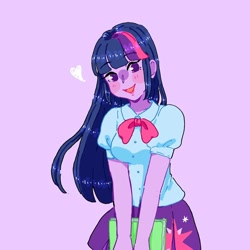 Size: 1080x1080 | Tagged: safe, alternate version, artist:b_forpotato, twilight sparkle, equestria girls, g4, :d, blushing, book, clothes, cutie mark, cutie mark on clothes, female, headband, heart, skirt, smiling, solo