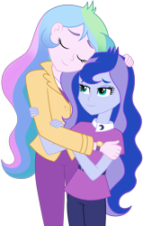 Size: 2251x3531 | Tagged: safe, artist:famousmari5, edit, editor:slayerbvc, vector edit, princess celestia, princess luna, principal celestia, vice principal luna, equestria girls, g4, affection, best sisters, big sislestia, clothes, comforting, cute, cutelestia, cutie mark, cutie mark on clothes, duo, equestria's best big sister, female, hand on head, head on head, height difference, high res, hug, lunabetes, no makeup edit, sibling love, siblings, simple background, sisterly love, sisters, transparent background, vector, watch, wristwatch