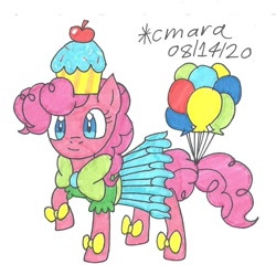 Size: 959x954 | Tagged: safe, artist:cmara, pinkie pie, earth pony, pony, g4, balloon, clothes, dress, female, gala dress, hat, mare, raised hoof, shirt, simple background, skirt, solo, traditional art, white background