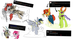 Size: 1920x1042 | Tagged: safe, artist:kirbirb, derpy hooves, discord, pinkie pie, sunburst, thorax, oc, oc:scarlett lane, oc:snaggletooth, changedling, changeling, draconequus, pegasus, pony, unicorn, g4, candy, cloak, clothes, cloud, couch, crying, cuddling, envy, food, hat, king thorax, levitation, lollipop, magic, mail, mailbag, mailmare, mailmare hat, request, telekinesis