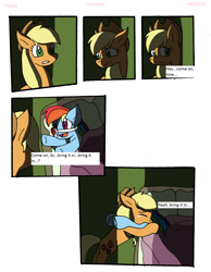 Size: 1700x2194 | Tagged: safe, artist:cmara, applejack, rainbow dash, earth pony, pegasus, pony, comic:i'm busy, g4, applejack's hat, bandage, bed, bipedal, blanket, blood, cowboy hat, crying, eyes closed, female, forgiveness, freckles, gritted teeth, hat, hospital, hospital bed, hug, mare, open mouth, pillow, raised hoof, sad, simple background, white background