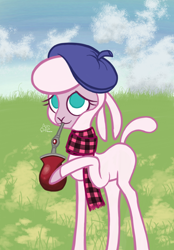 Size: 2044x2936 | Tagged: safe, artist:theratedrshimmer, pom (tfh), lamb, sheep, them's fightin' herds, argentina, beret, clothes, colored, community related, cute, drinking, female, flat colors, grass, hat, high res, mate, meme, no pupils, ponified meme, scarf, solo, straw, yerba mate